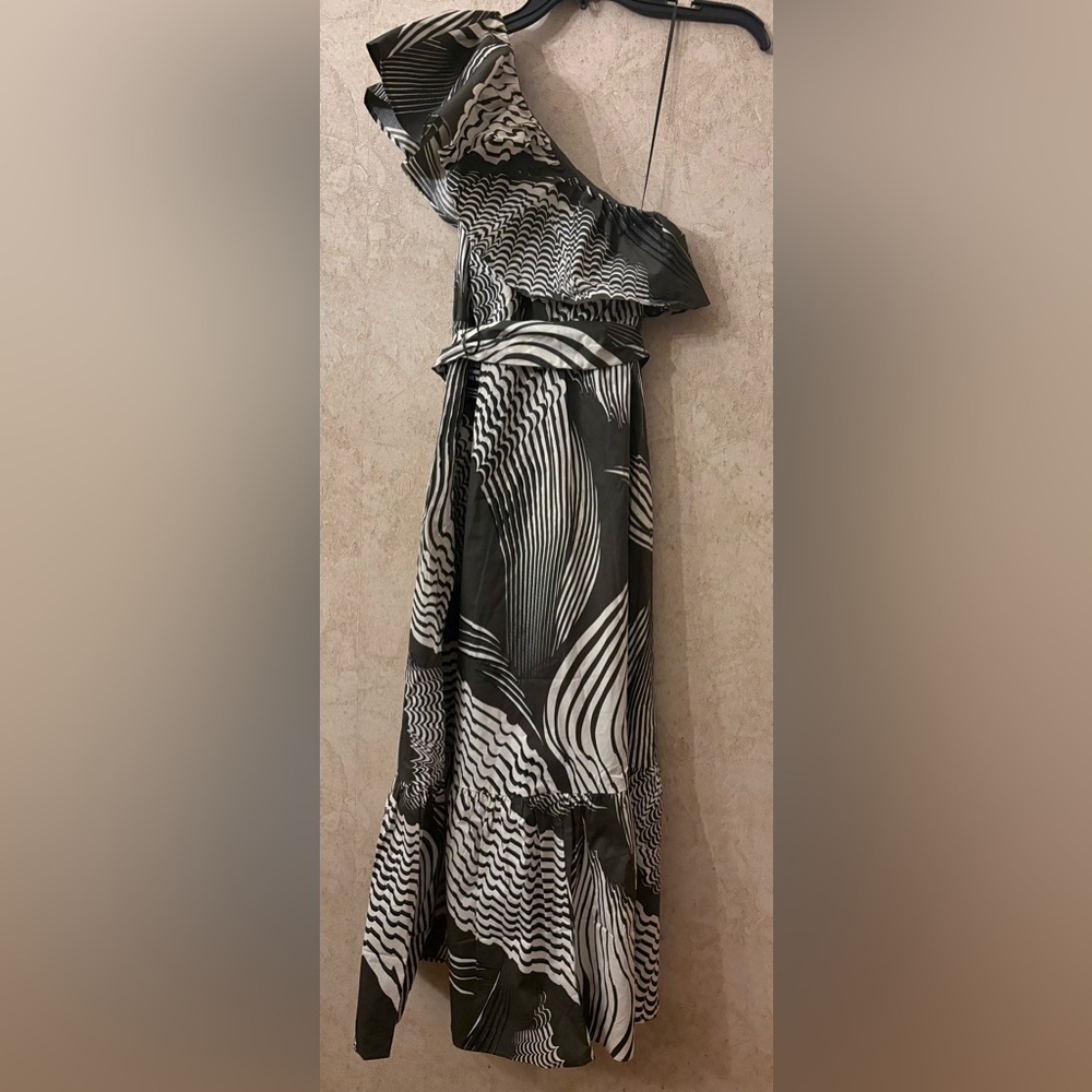 Express Printed One Shoulder Ruffle Tie Waist Poplin Maxi Dress - Picture 4 of 9